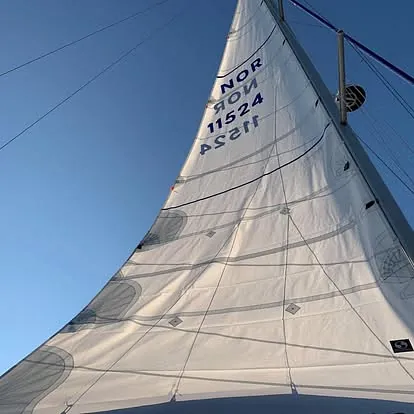 Hvitt forseil med seilnummer heist på seilbåt mot blå himmel.